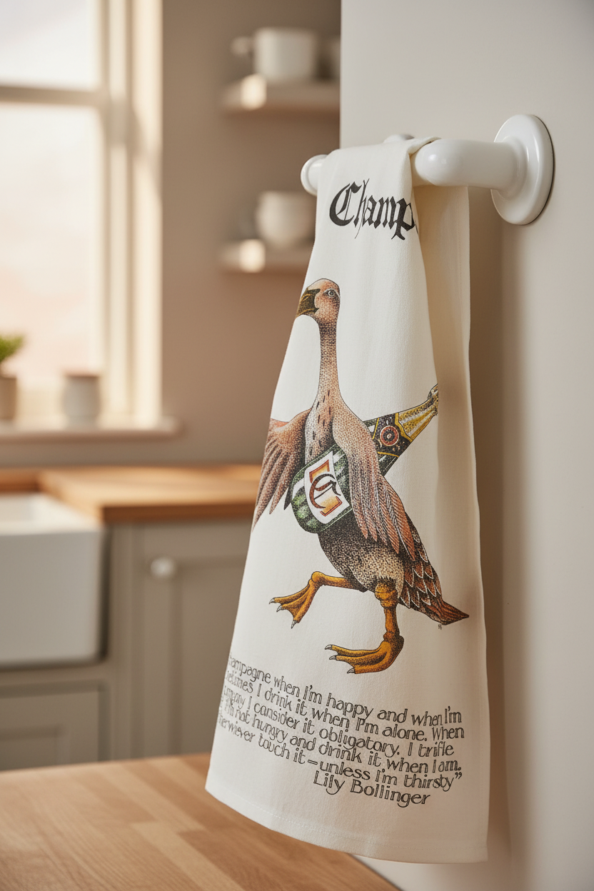 Simon Drew Champagne tea towel draped over kitchen rail lifestyle shot