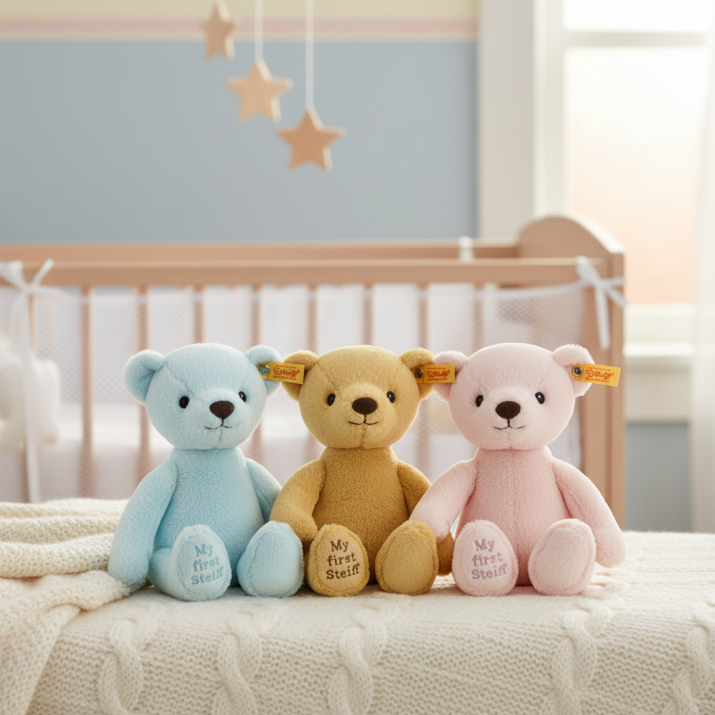 Three Steiff My First Steiff teddy bears in a soft pastel nursery setting — blue, yellow, and pink