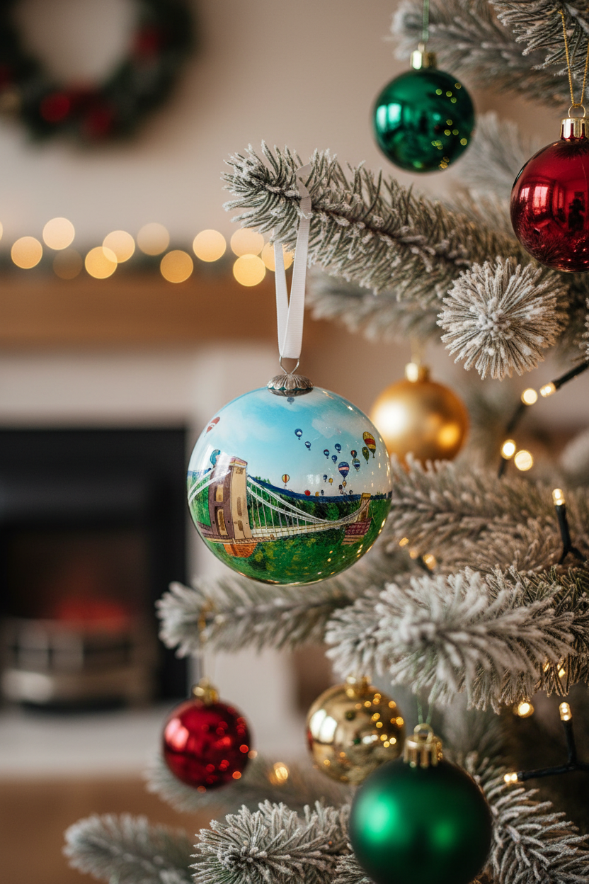 Hand-painted Bristol Clifton Suspension Bridge bauble hanging on a decorated Christmas tree with fairy lights