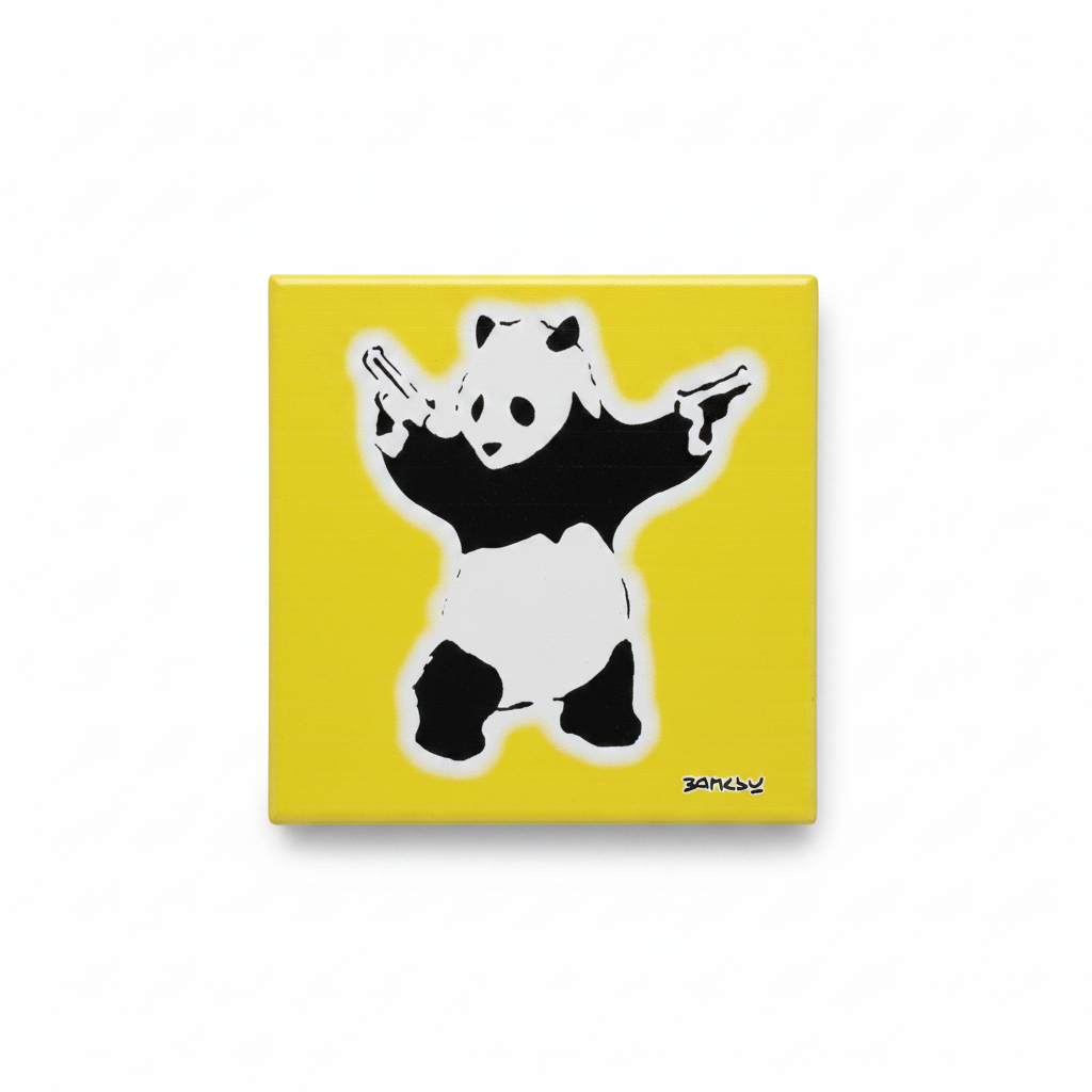 Banksy panda with guns ceramic coaster flat lay on white background
