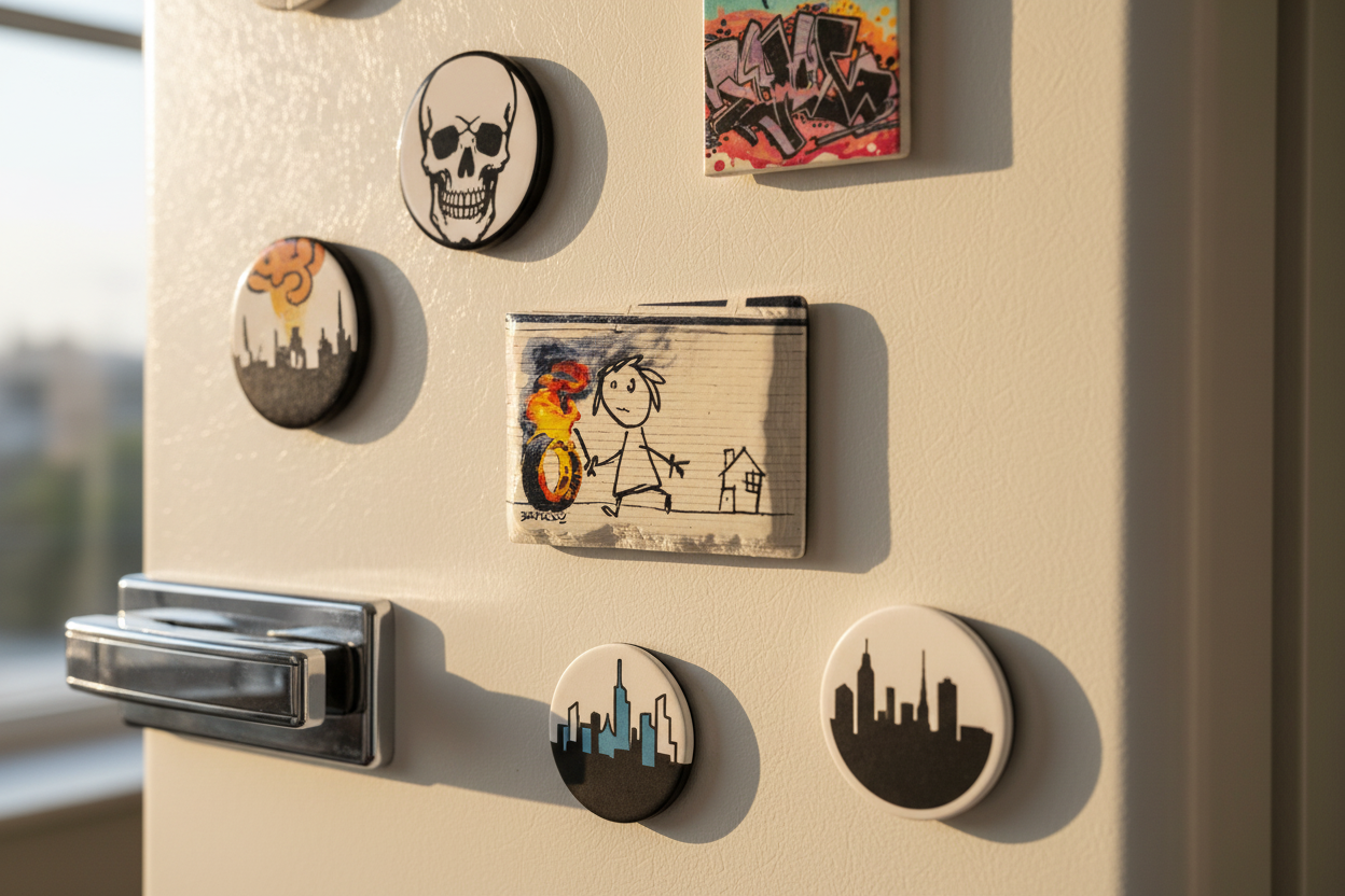 Banksy Burning Tyre ceramic fridge magnet lifestyle shot on kitchen fridge