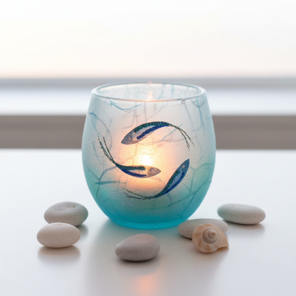 Strawsilk frosted glass ocean fish votive tealight holder glowing warmly with lit candle inside