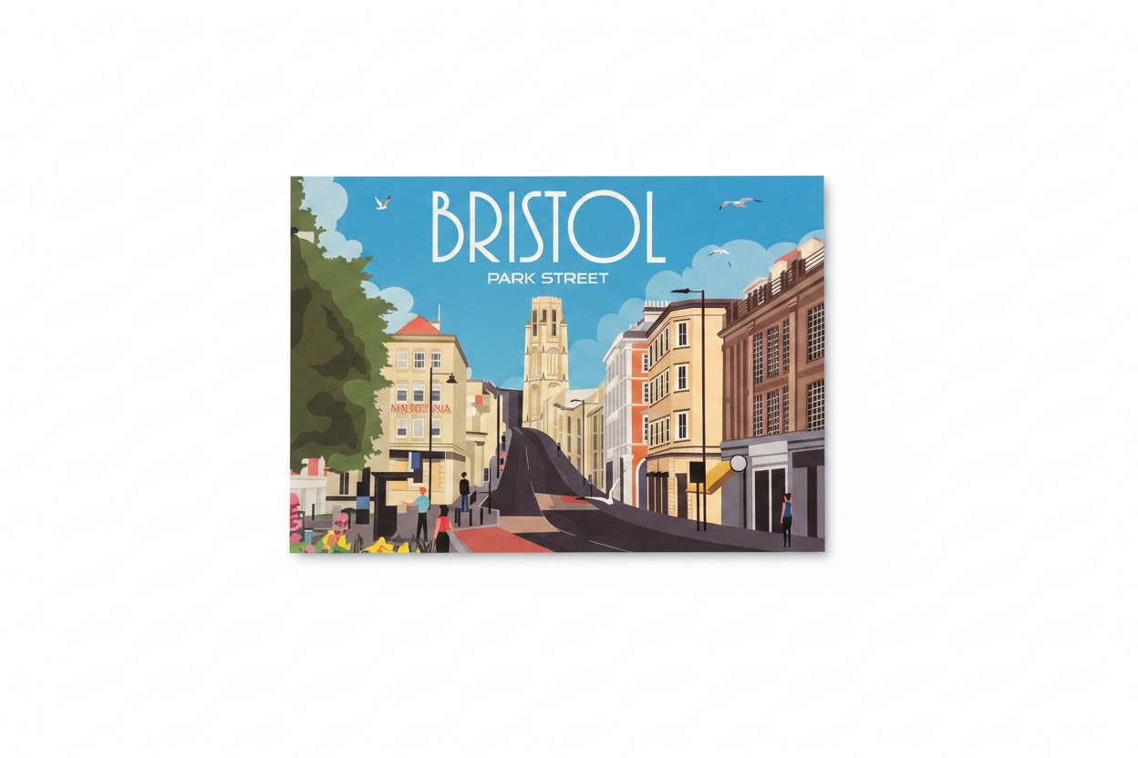 Bristol Park Street retro travel poster postcard on white background