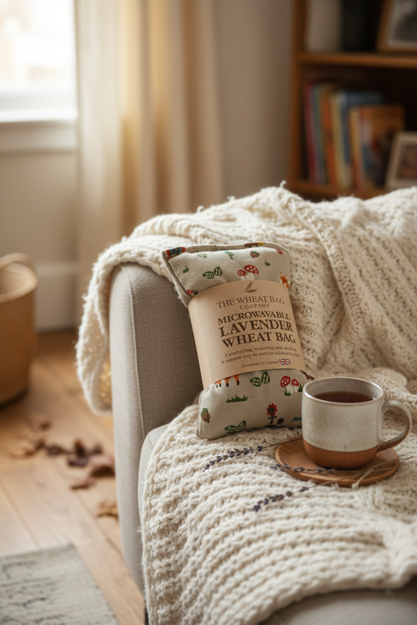 Woodland print microwavable lavender wheat bag lifestyle cosy sofa setting