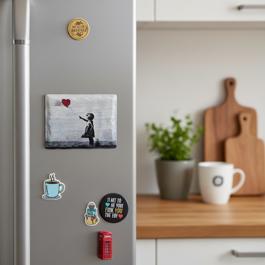 Banksy Girl with Balloon ceramic fridge magnet lifestyle shot on kitchen fridge