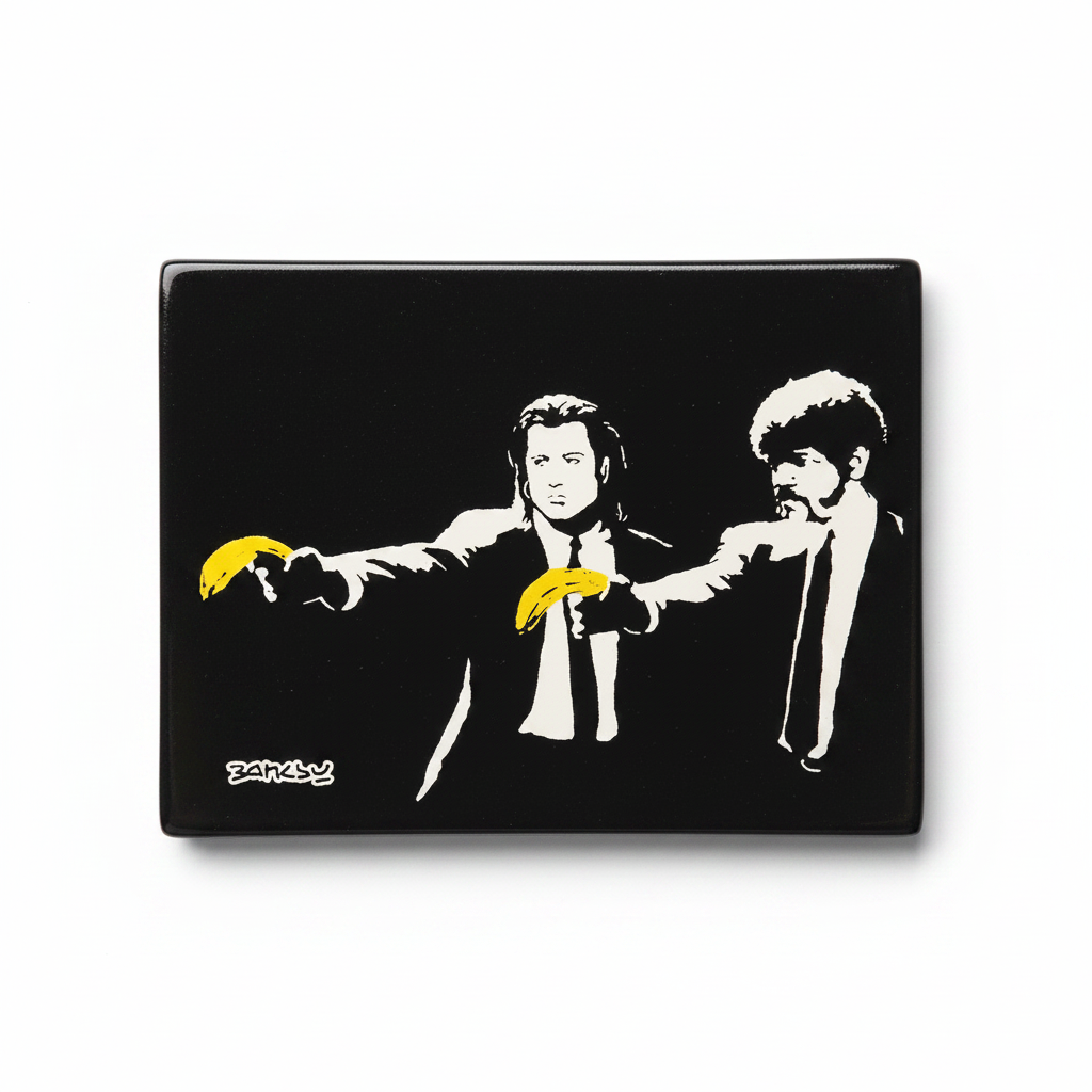Banksy Pulp Fiction ceramic fridge magnet on white background