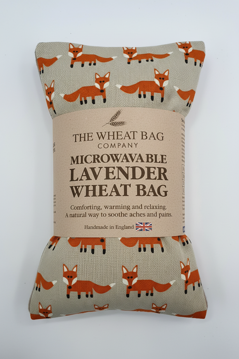 Fox print microwavable lavender wheat bag flat lay on white background