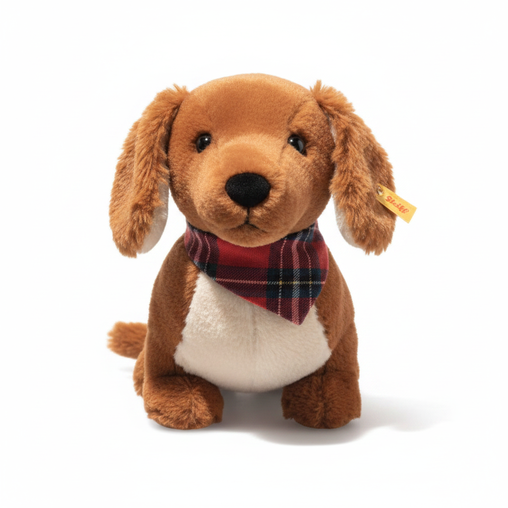Steiff Waldi dachshund plush toy with tartan scarf, premium product photography on white background