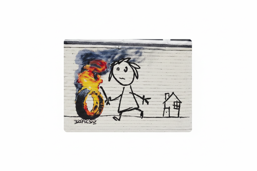 Banksy Burning Tyre ceramic fridge magnet flat lay on white background