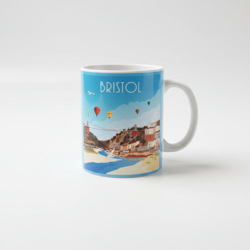 Bristol ceramic mug with retro travel poster illustration on clean white background