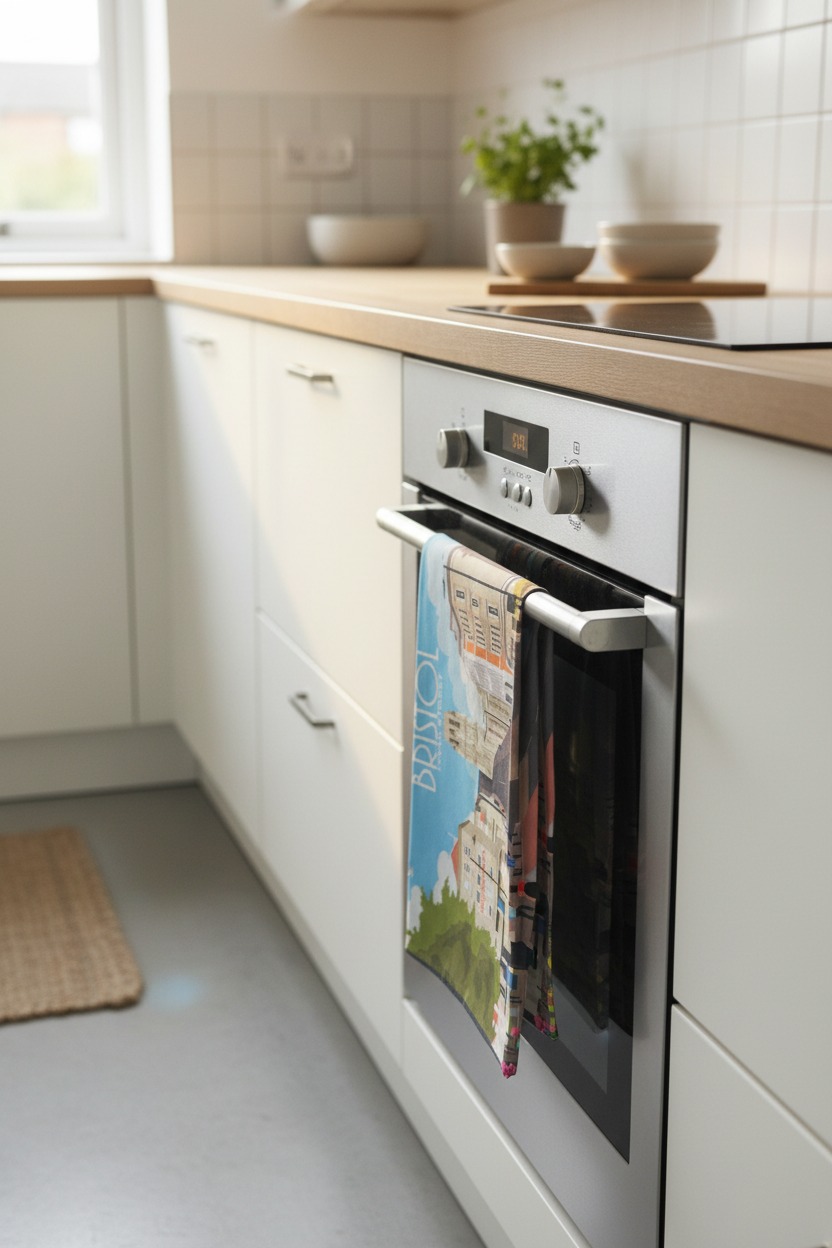 Bristol Park Street tea towel hanging on oven handle in kitchen