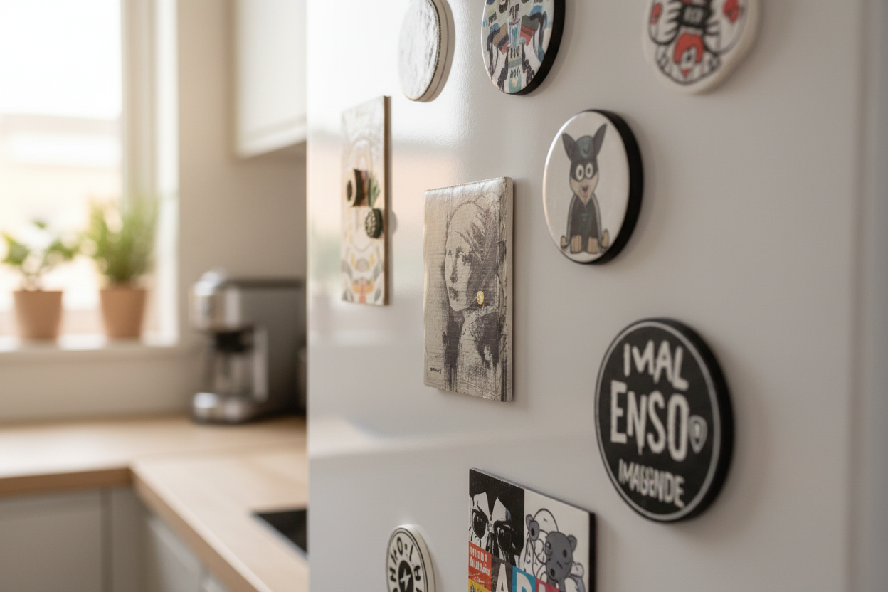 Banksy Girl with Burst Eardrum ceramic fridge magnet lifestyle shot on kitchen fridge