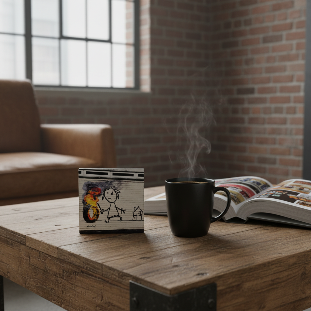 Banksy Burning Tyre ceramic coaster lifestyle shot on urban loft coffee table