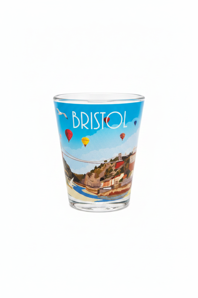 Bristol shot glass flat lay on white background