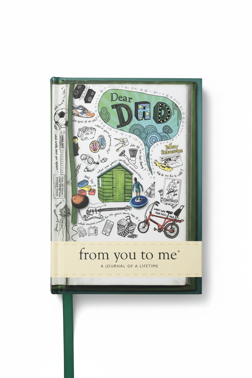 From You To Me Dear Dad journal flat lay on white background
