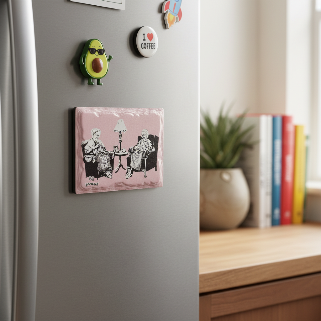 Banksy Punk Grannies ceramic fridge magnet lifestyle shot on kitchen fridge