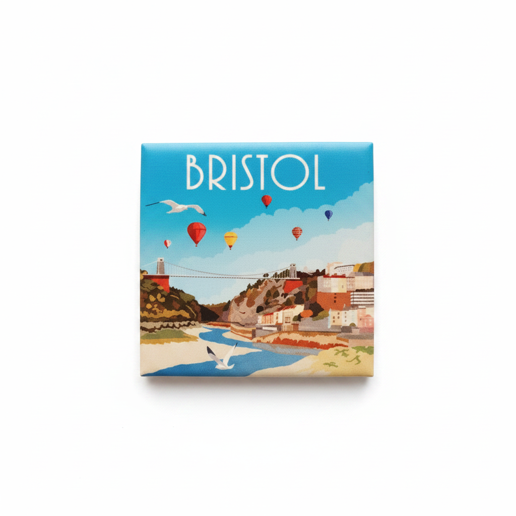 Bristol ceramic fridge magnet with retro travel poster illustration on clean white background