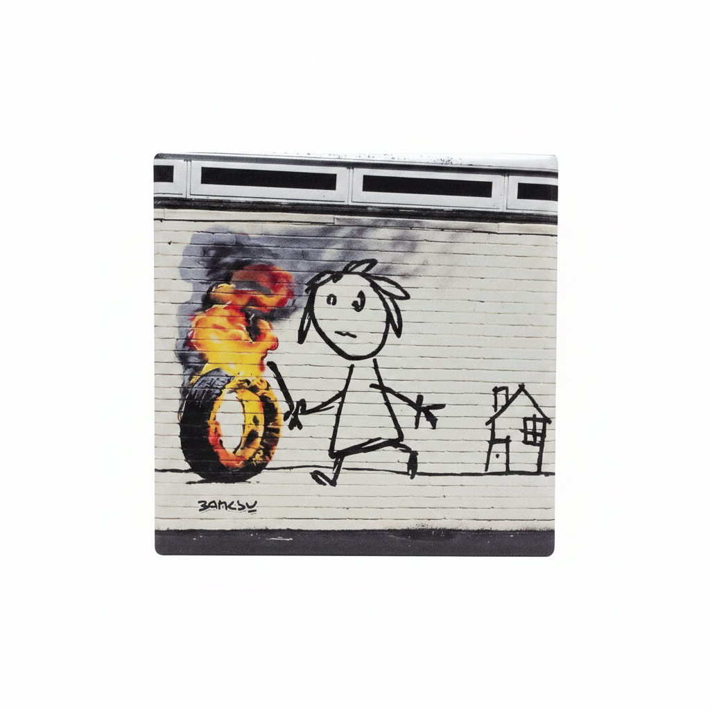 Banksy Burning Tyre ceramic coaster flat lay on white background