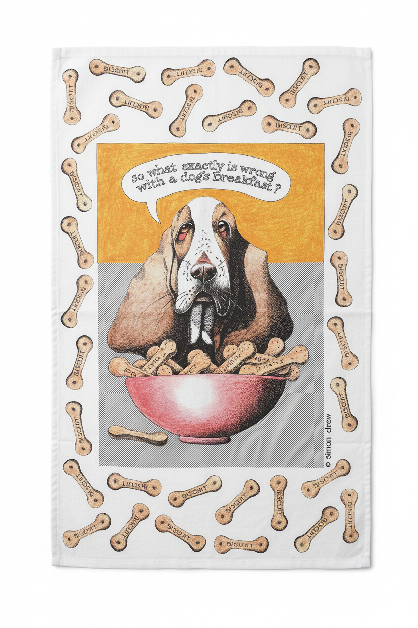Simon Drew Dog's Breakfast tea towel flat lay on white background