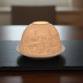 Images of Bristol porcelain lithophane dome tealight holder glowing warmly with Clifton Suspension Bridge etching