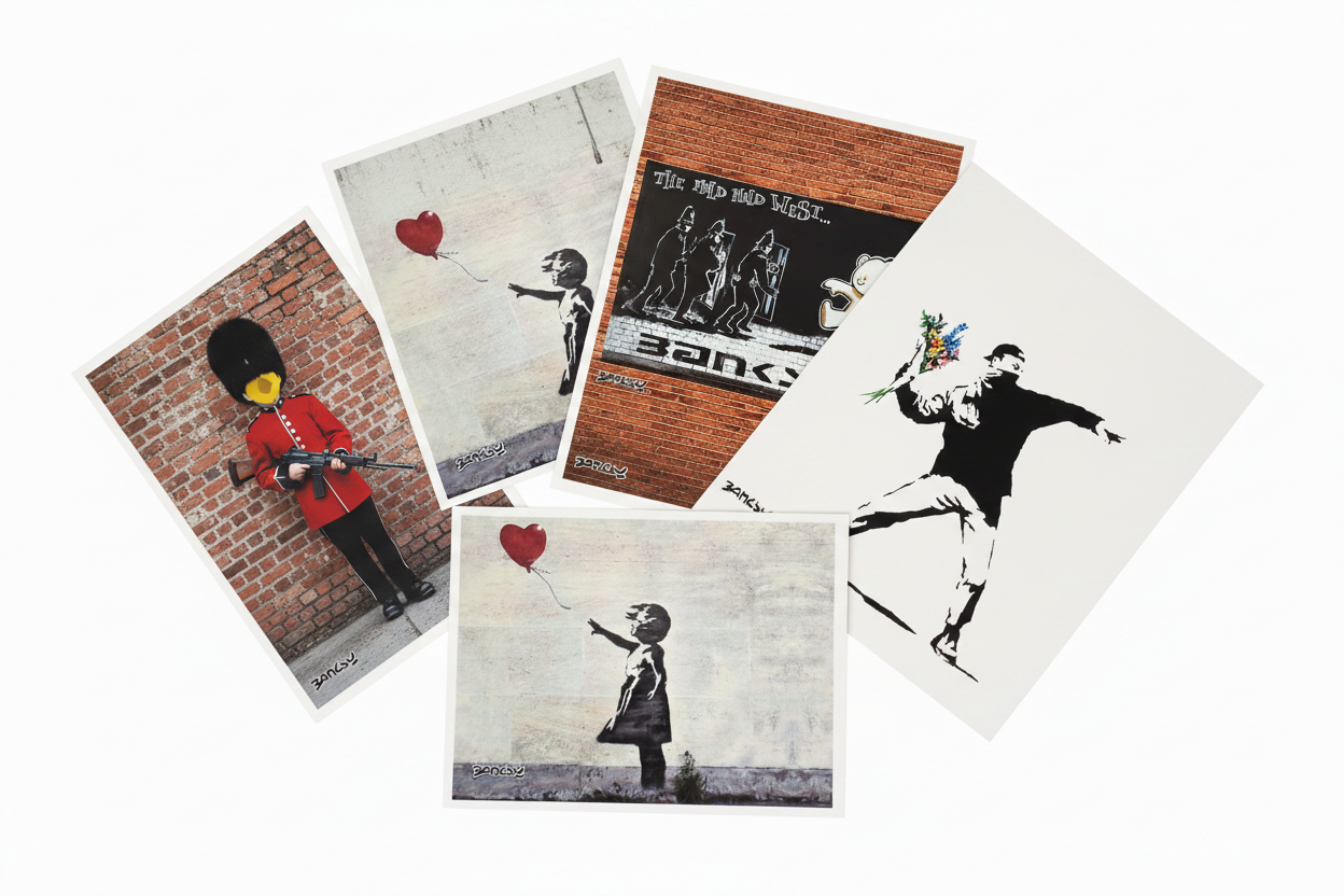 Collection of Banksy art postcards fanned out in a flat lay arrangement on white surface