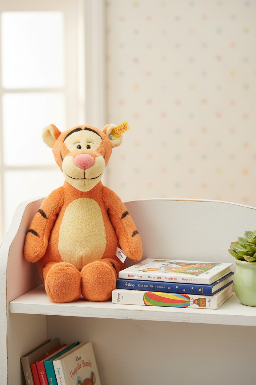 Steiff Tigger plush soft toy on a nursery shelf lifestyle scene