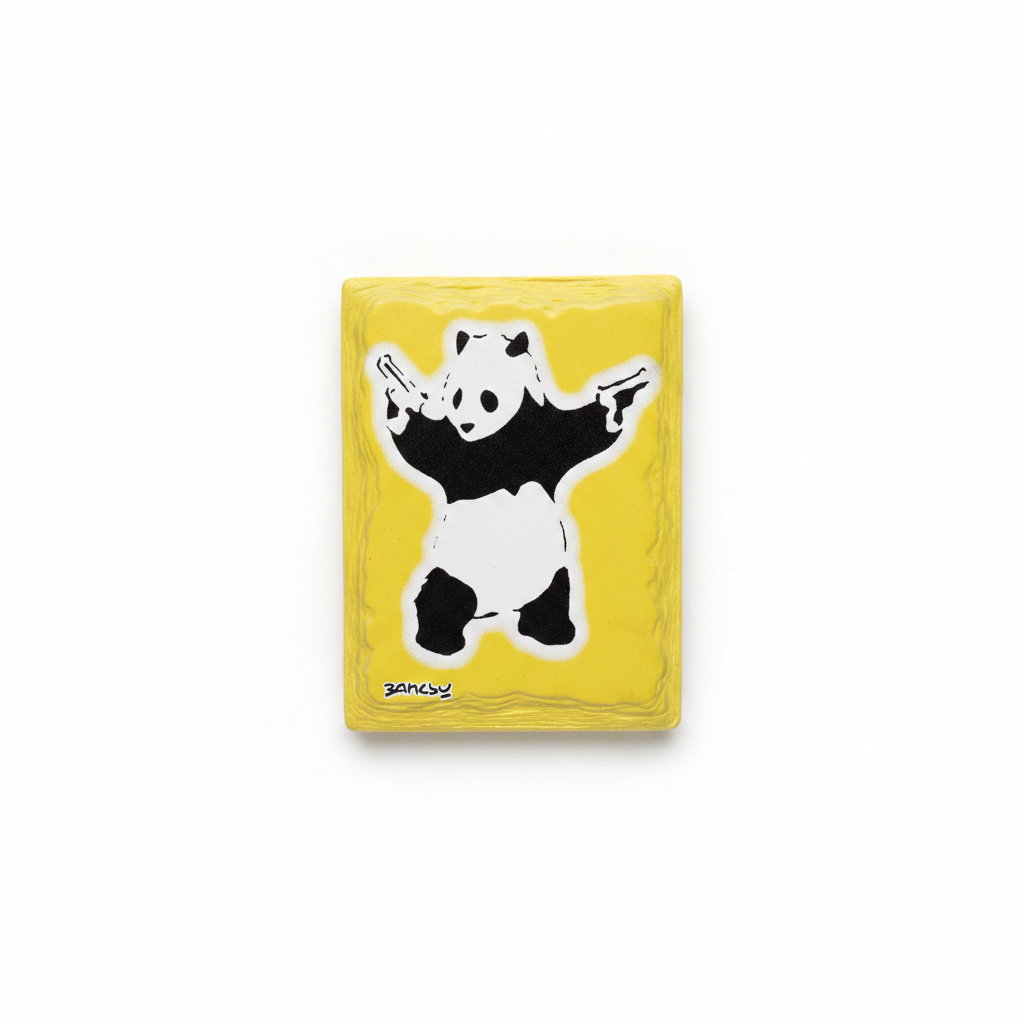 Banksy Panda with Guns ceramic fridge magnet on white background