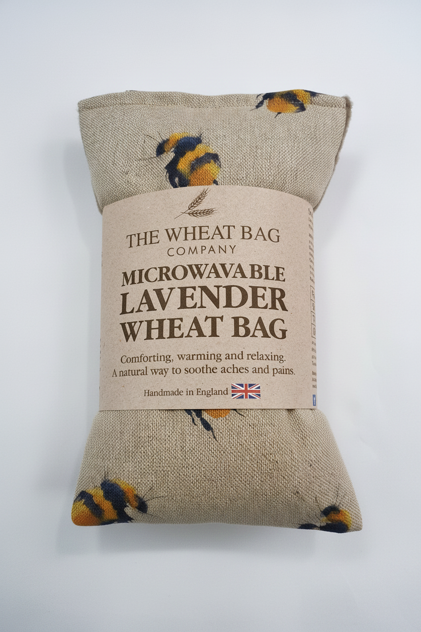 Bumblebee print microwavable lavender wheat bag flat lay on white background