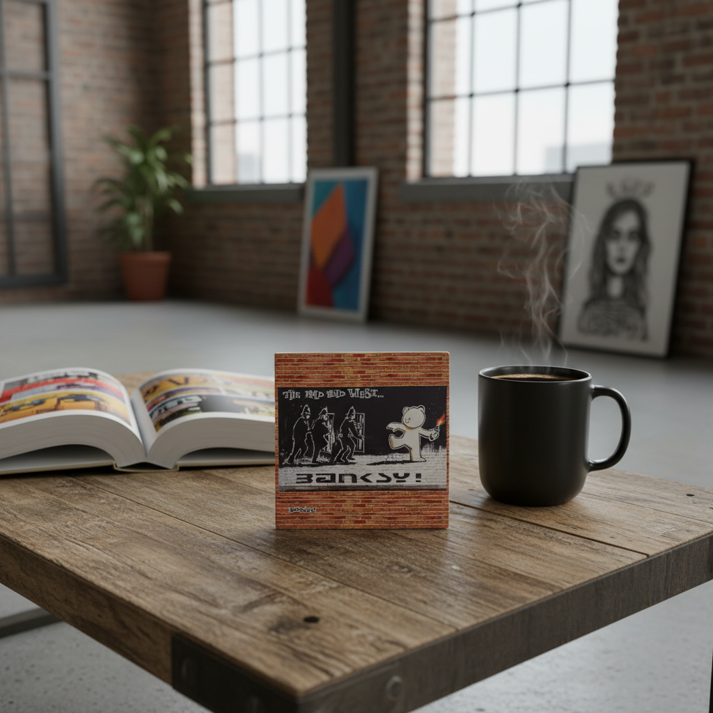 Banksy Mild Mild West ceramic coaster lifestyle shot on urban loft coffee table