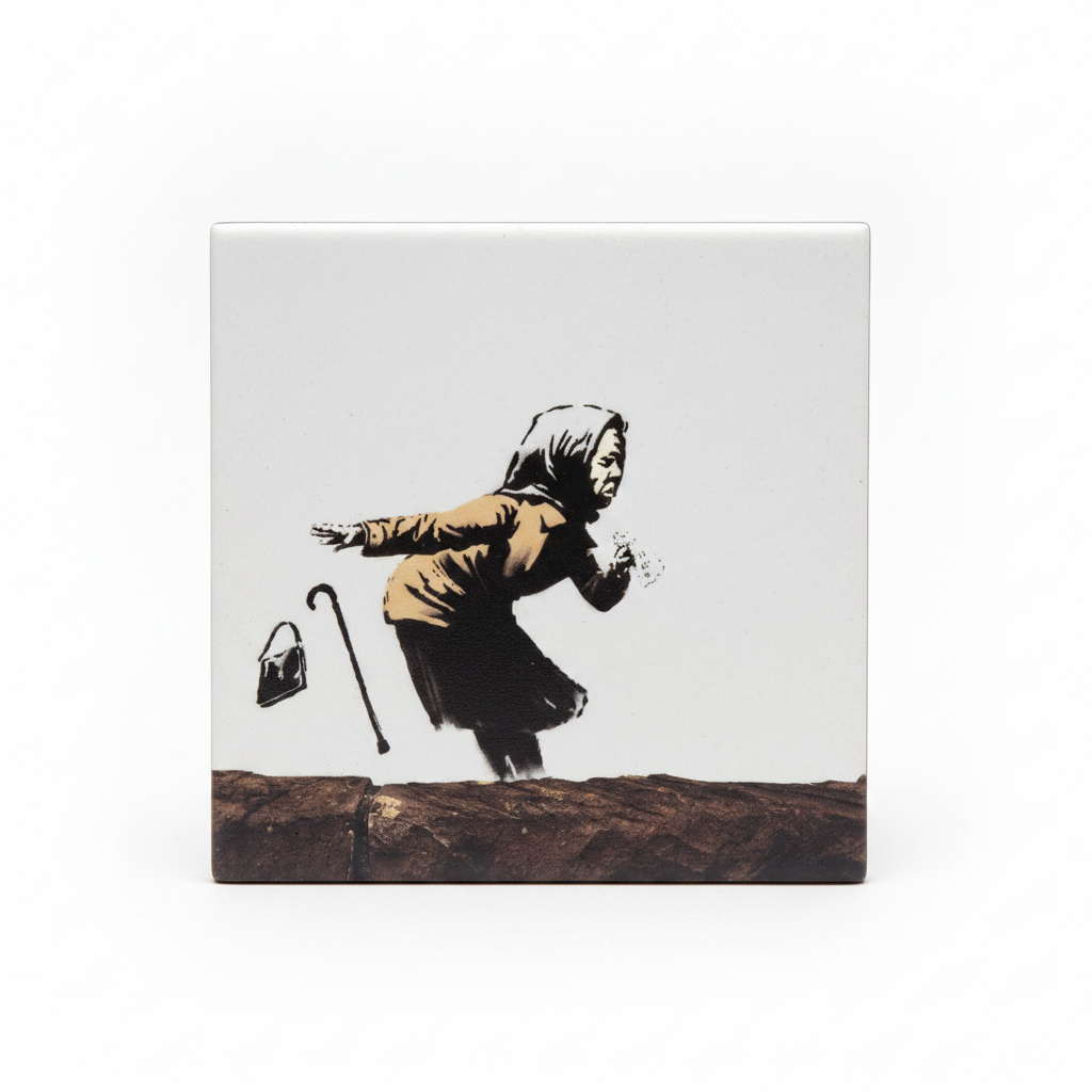 Banksy Aachoo sneezing woman ceramic coaster flat lay on white background