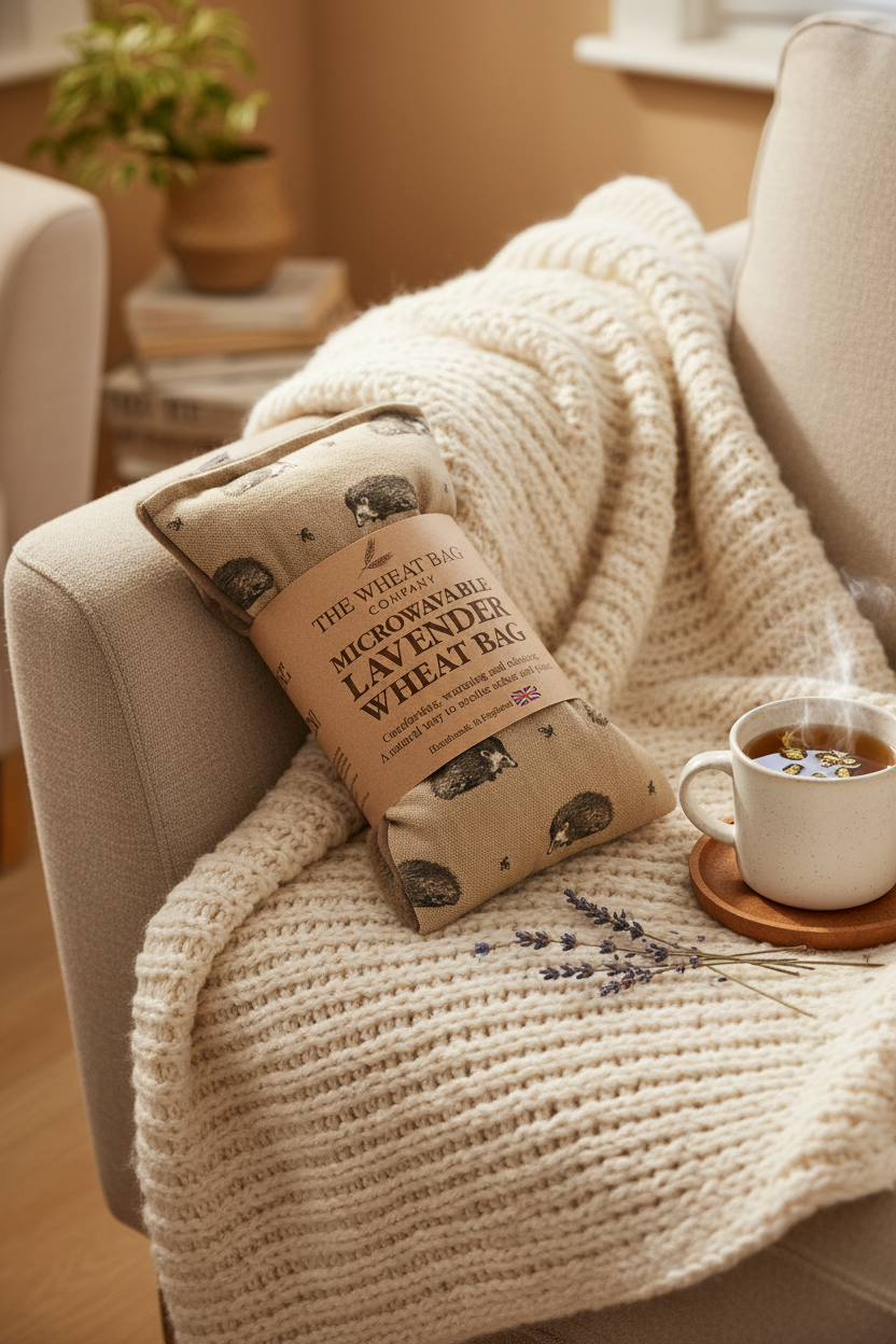Hedgehog print microwavable lavender wheat bag lifestyle cosy sofa setting