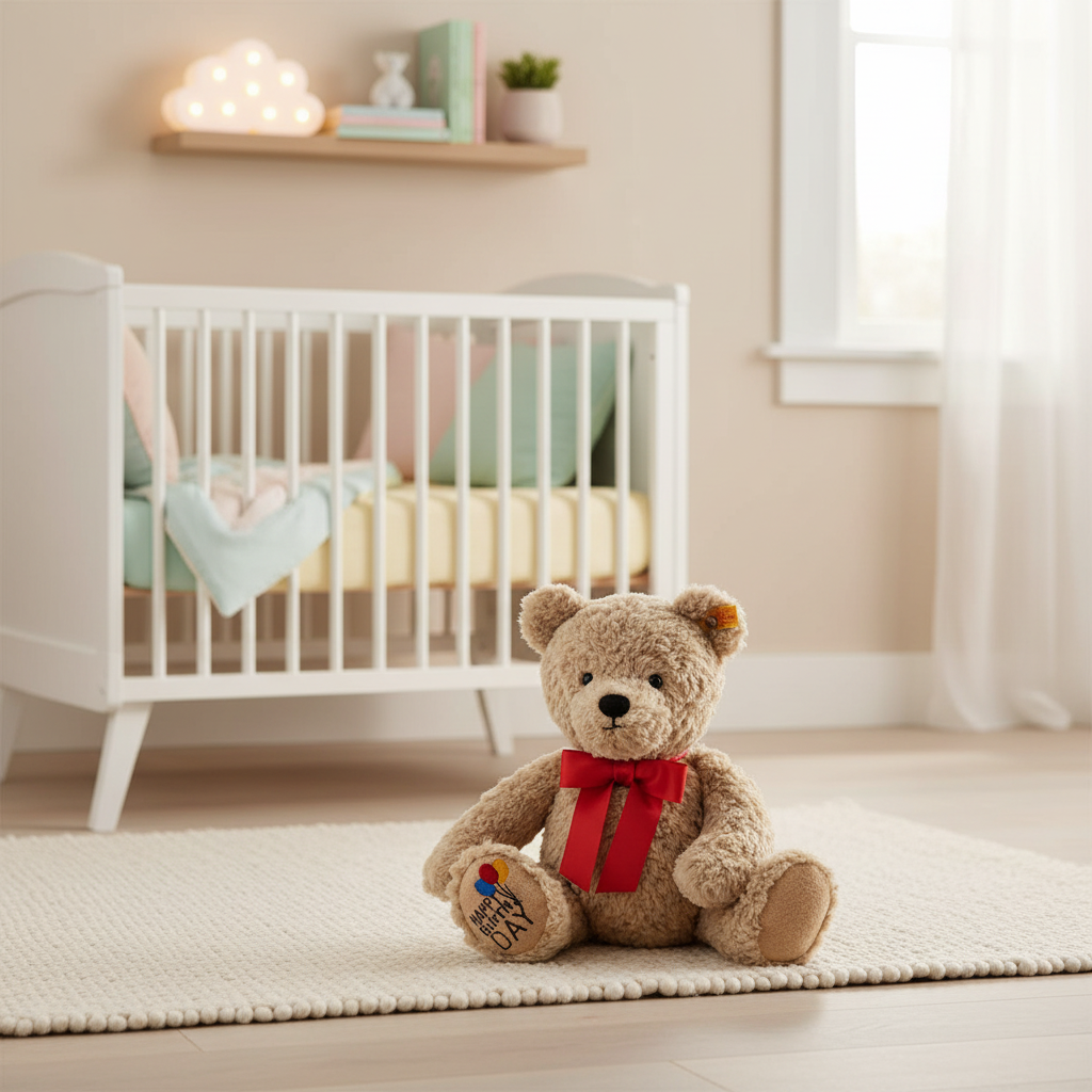 Steiff Jimmy Happy Birthday bear in a soft pastel nursery setting