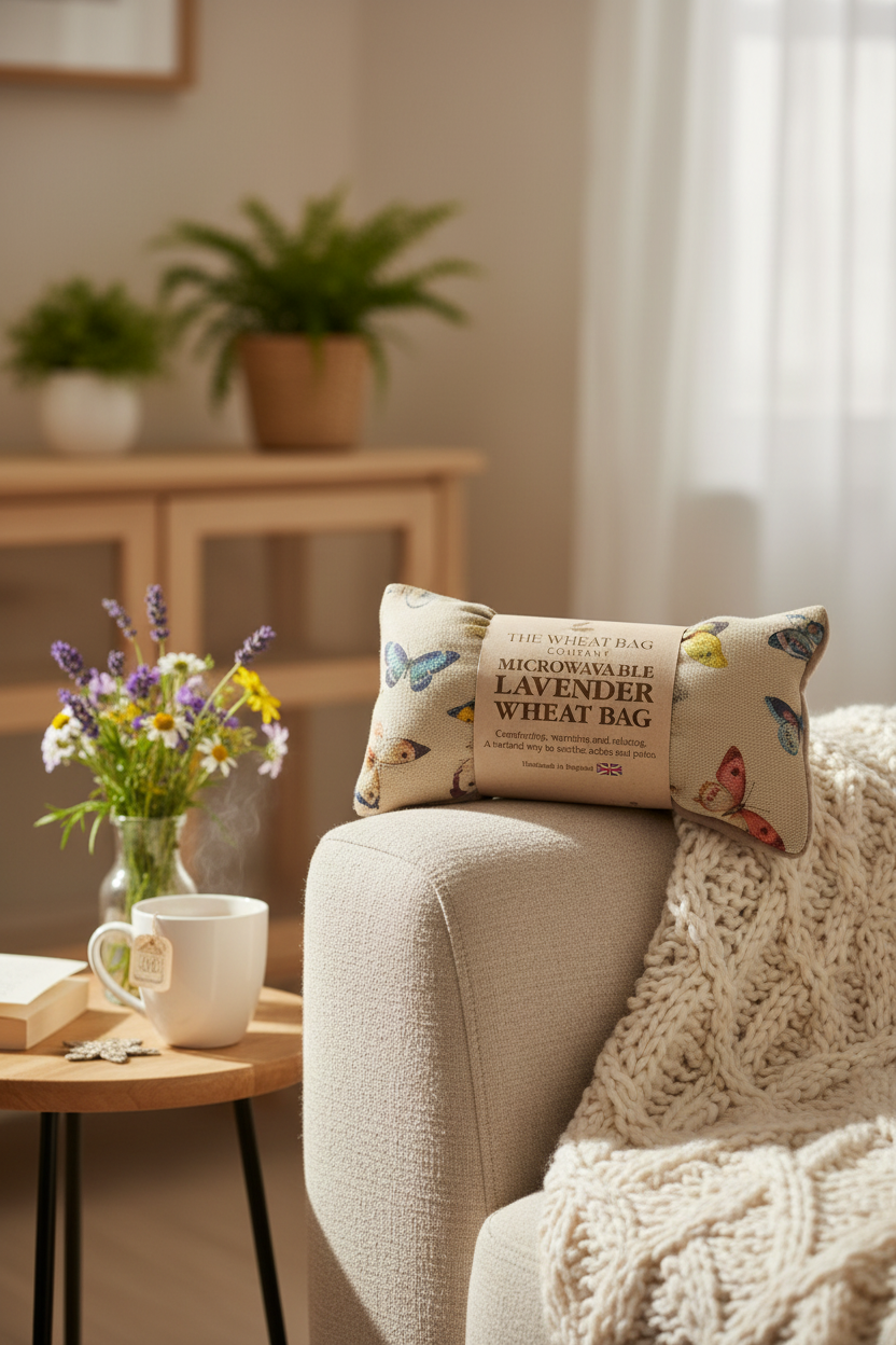 Butterfly print microwavable lavender wheat bag lifestyle cosy sofa setting