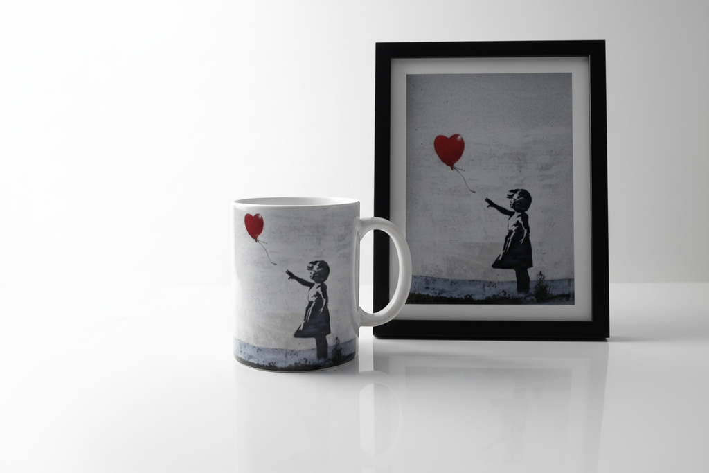 Banksy Girl with Balloon ceramic mug in bright lifestyle setting alongside Banksy artwork print