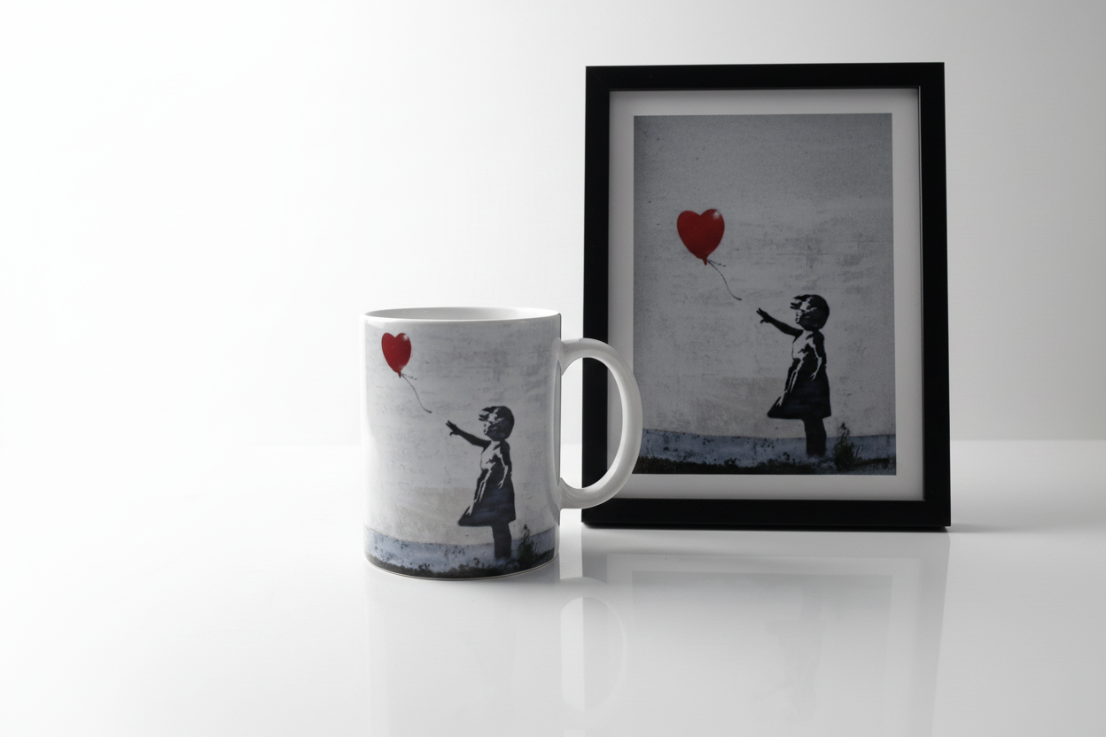 Banksy Girl with Balloon ceramic mug in bright lifestyle setting alongside Banksy artwork print