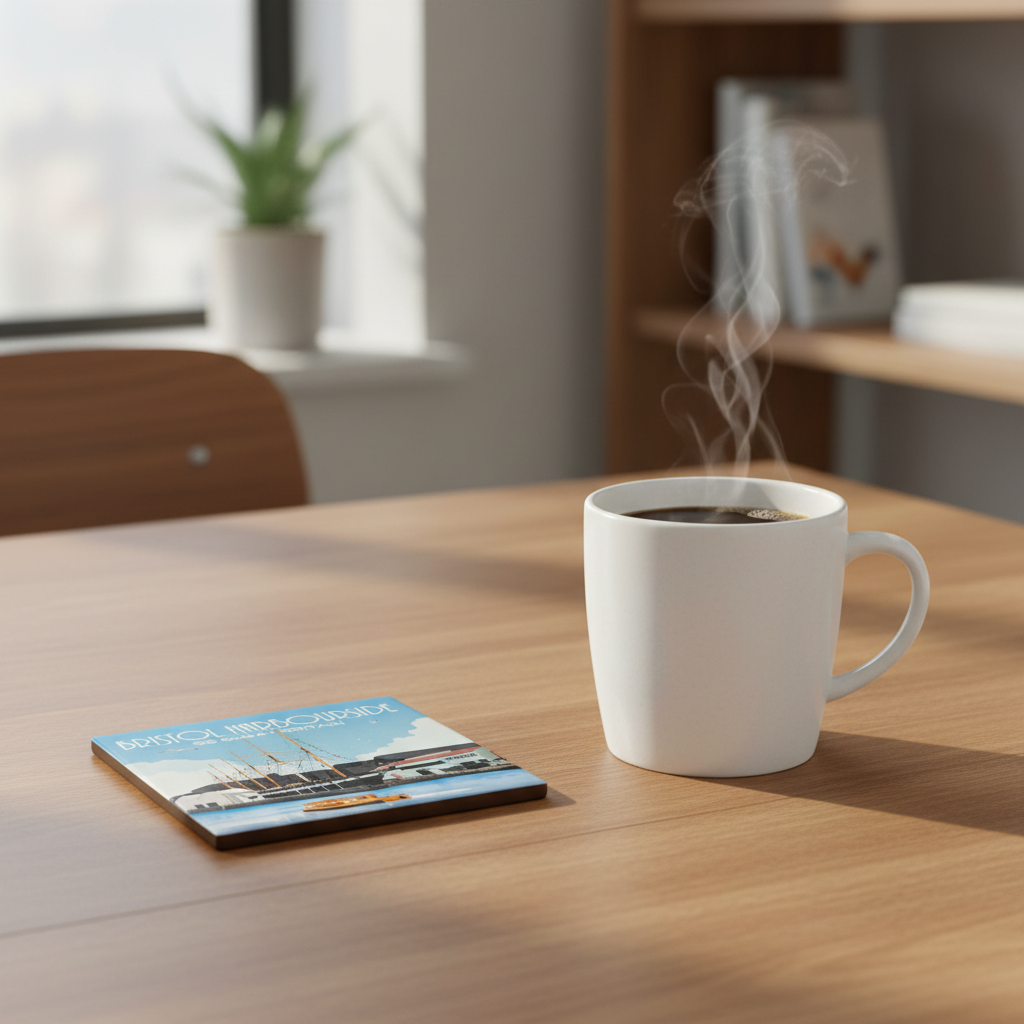 Bristol SS Great Britain ceramic coaster lifestyle shot on desk with coffee