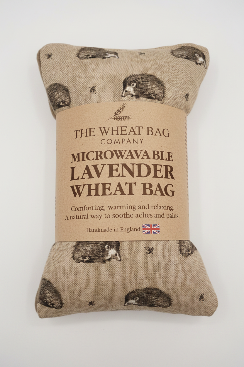 Hedgehog print microwavable lavender wheat bag flat lay on white background