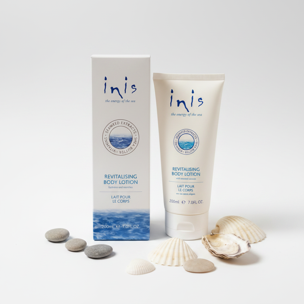 Inis Energy of the Sea Revitalising Body Lotion 200ml — box and tube on clean white background