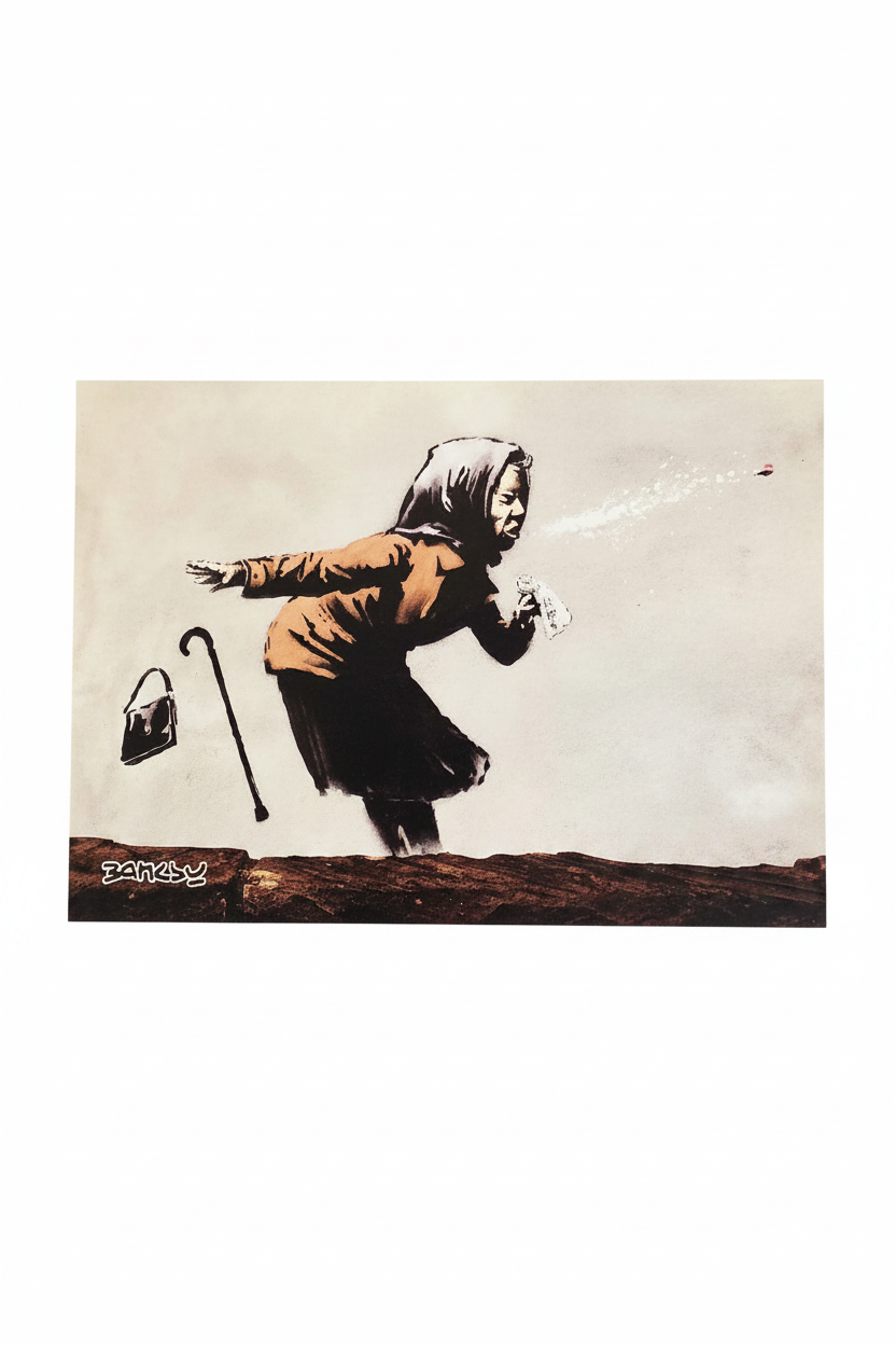 Banksy postcard on white background