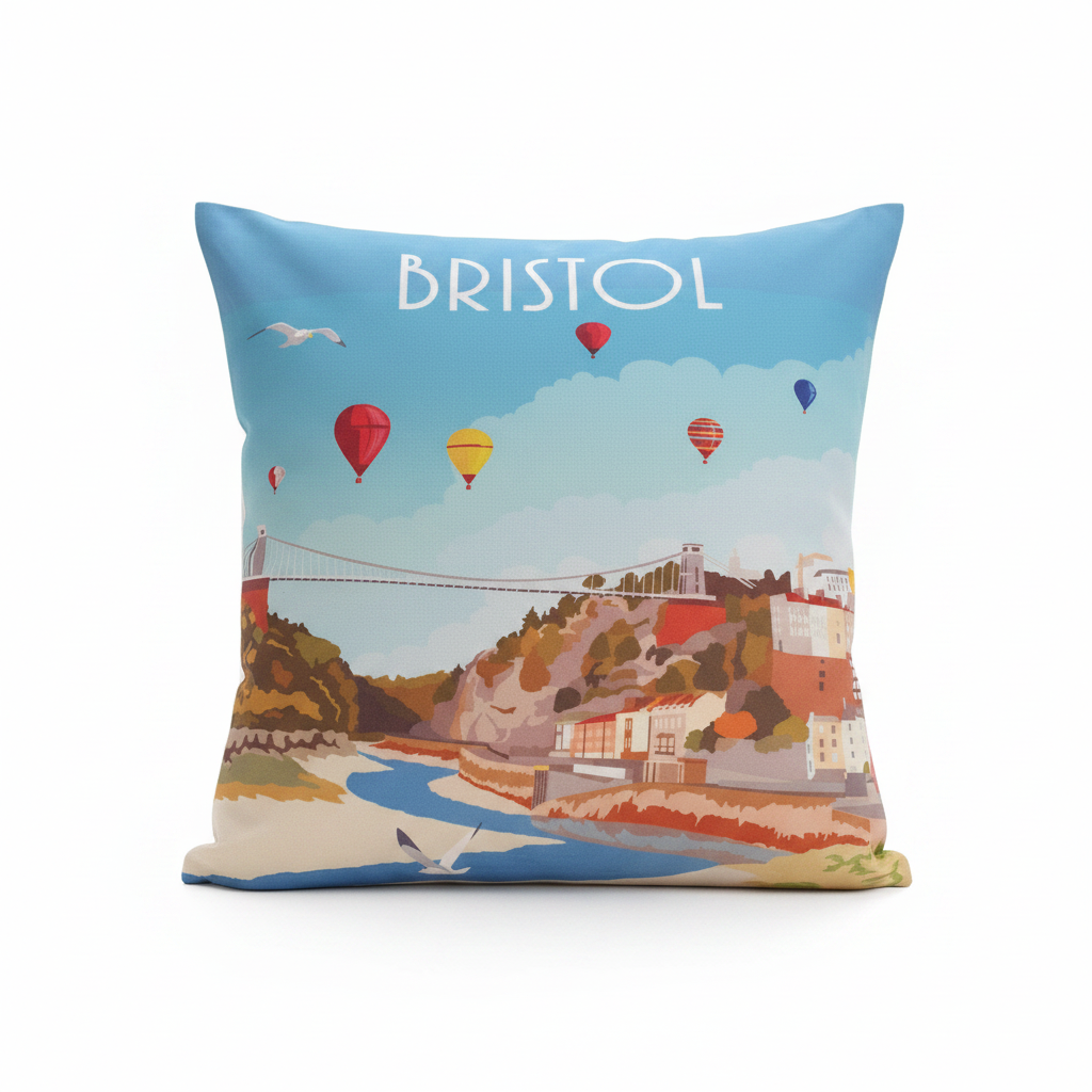 Bristol Clifton Suspension Bridge decorative cushion on clean white background, product photography