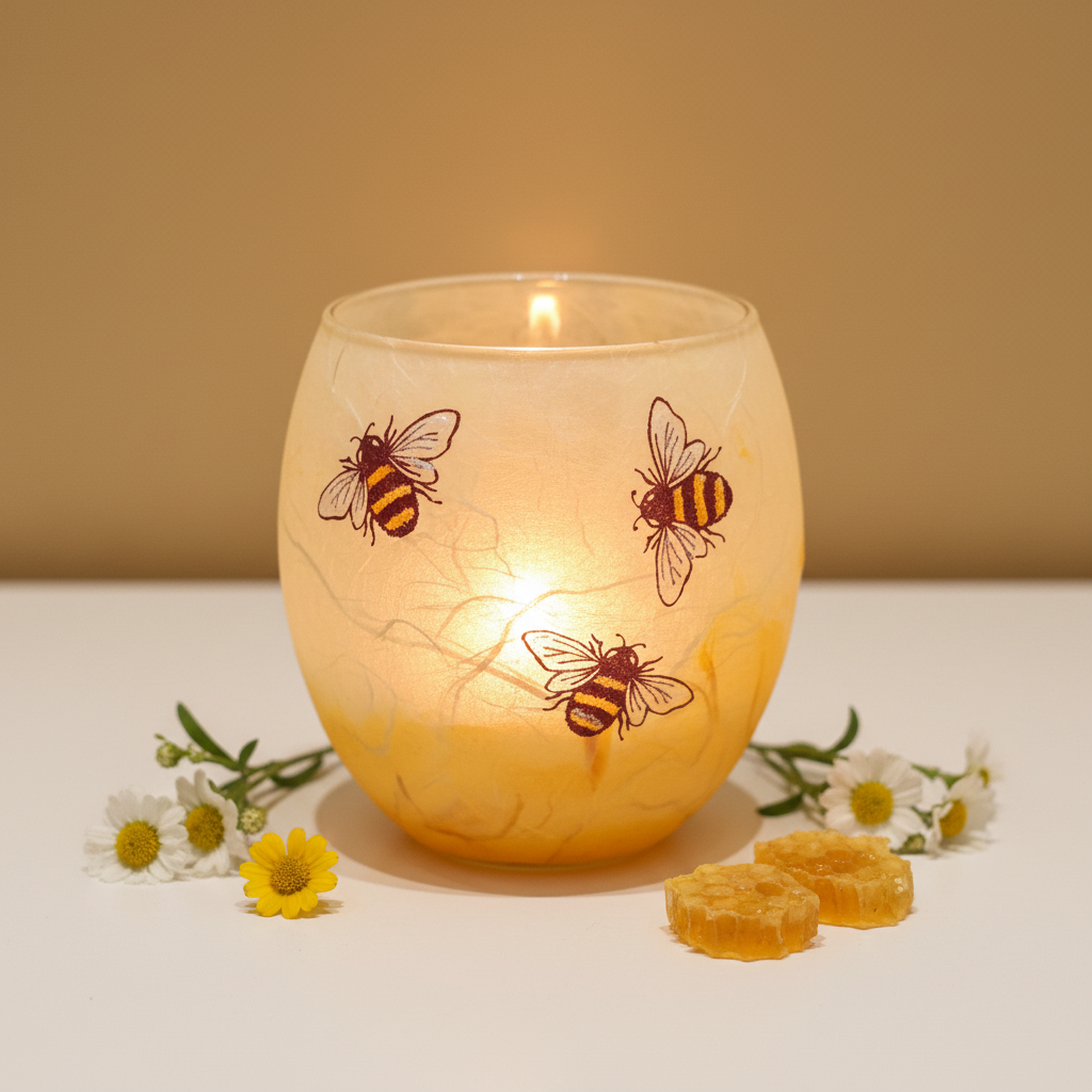 Strawsilk frosted glass busy bees votive tealight holder in cream and amber glowing warmly with lit candle inside