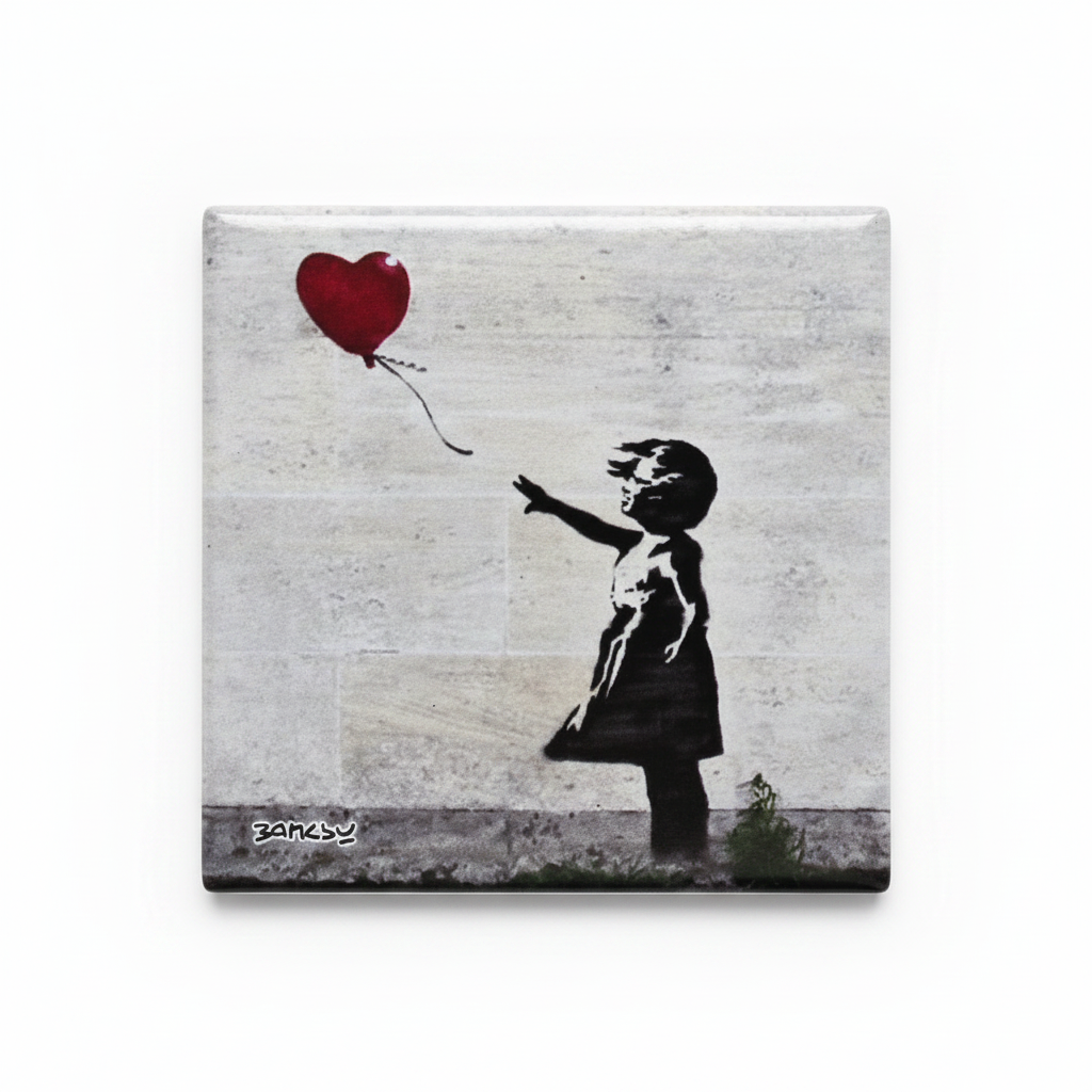 Banksy Girl with Balloon ceramic coaster flat lay on white background