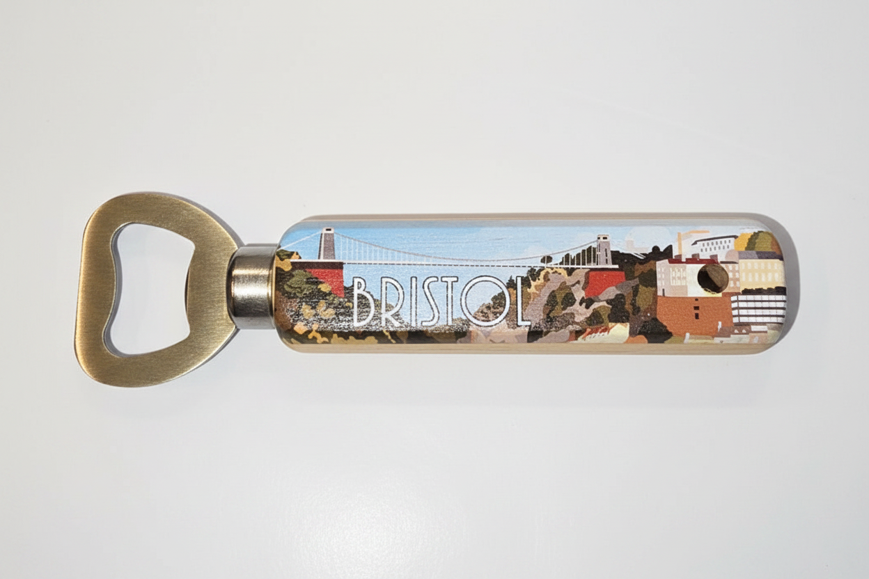 Bristol bamboo bottle opener flat lay on white background