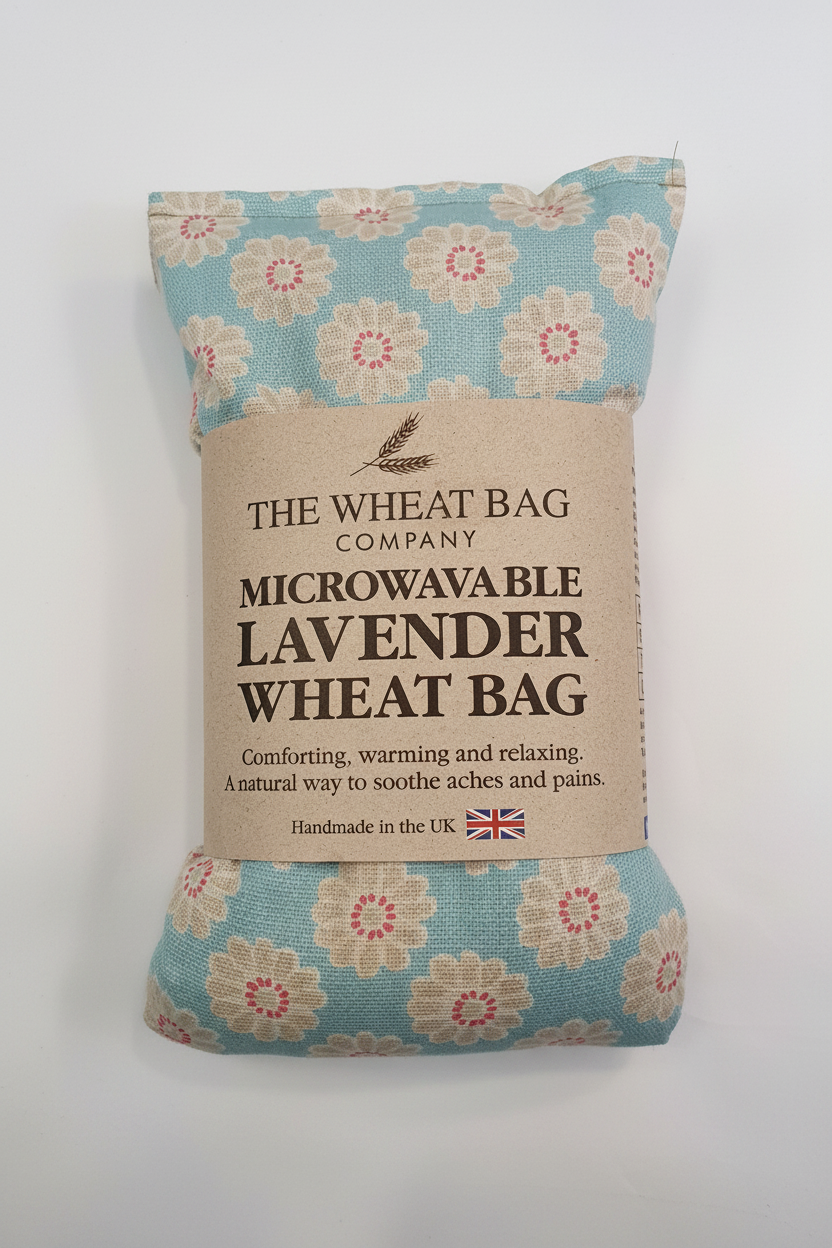Daisy print microwavable lavender wheat bag flat lay on white background