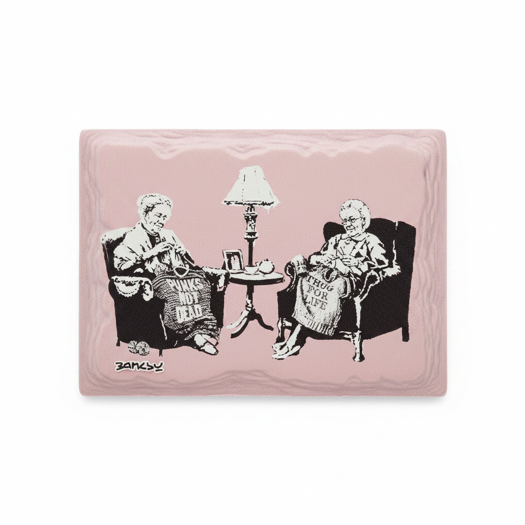 Banksy Punk Grannies ceramic fridge magnet on white background