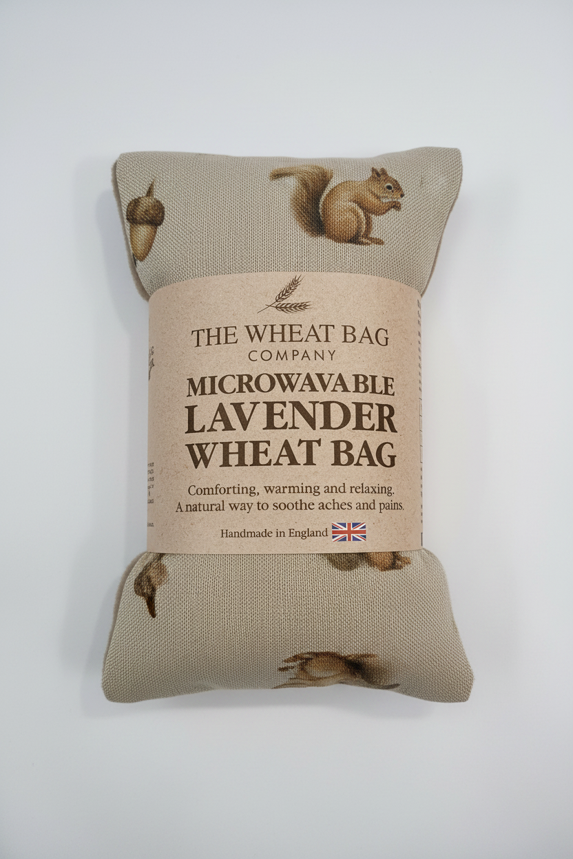 Squirrel print microwavable lavender wheat bag flat lay on white background