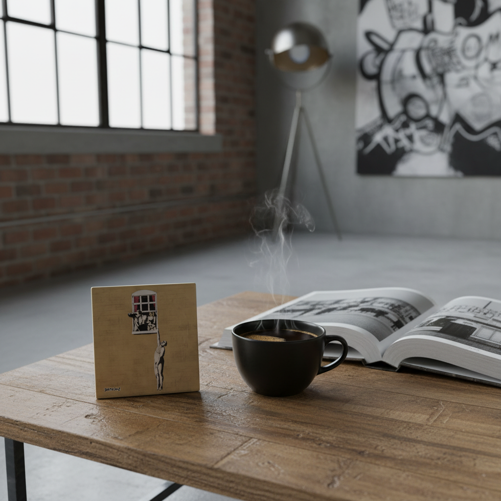 Banksy Well Hung Lover ceramic coaster lifestyle shot on urban loft coffee table