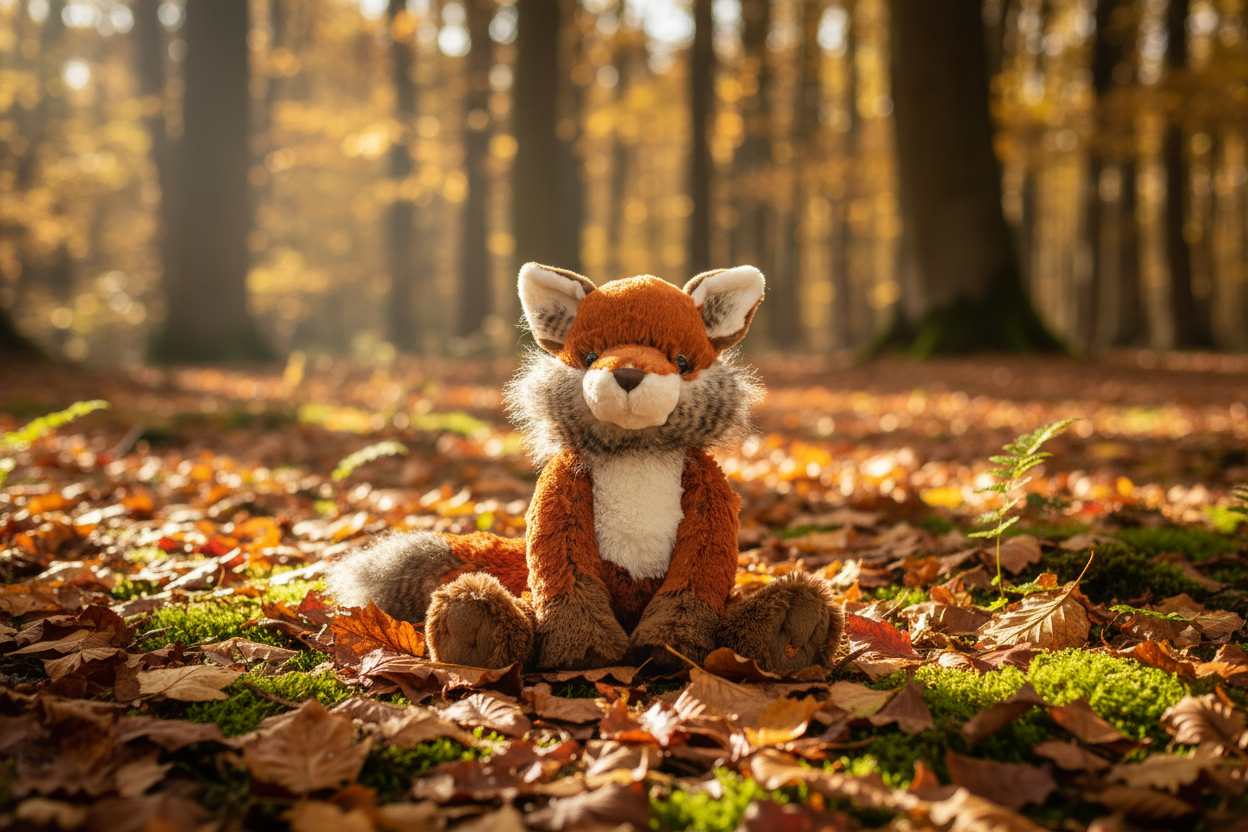 Wrendale Giant Autumn Fox plush soft toy sitting in an autumn woodland with golden fallen leaves and soft dappled sunlight