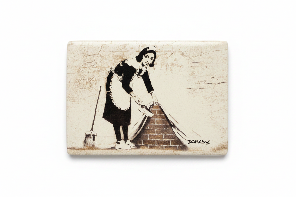 Banksy Maid in London ceramic fridge magnet flat lay on white background