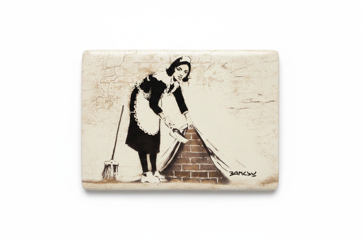 Banksy Maid in London ceramic fridge magnet flat lay on white background
